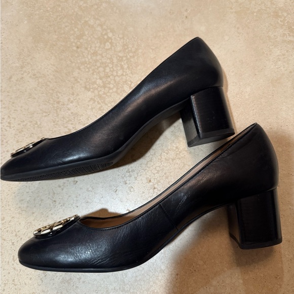 Tory Burch Black Heels with Gold Emblem - Picture 2 of 8